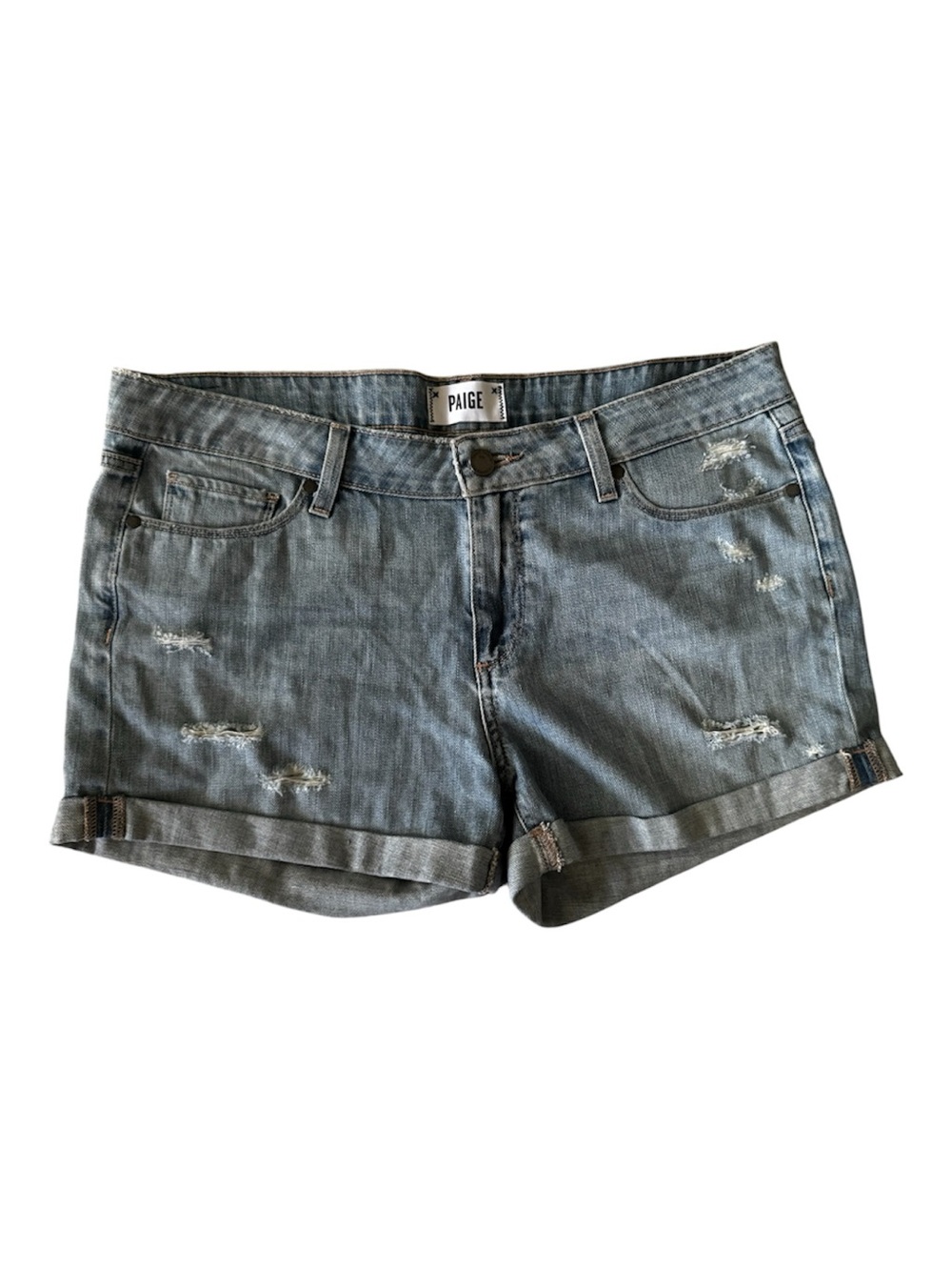 PAIGE Washed Blue Denim Distressed Cuffed Denim Shorts Size 29